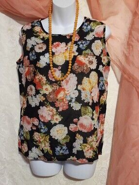 Liva Girl Ladies Floral Sheer Sleeveless Top - Black and Pink Sz M